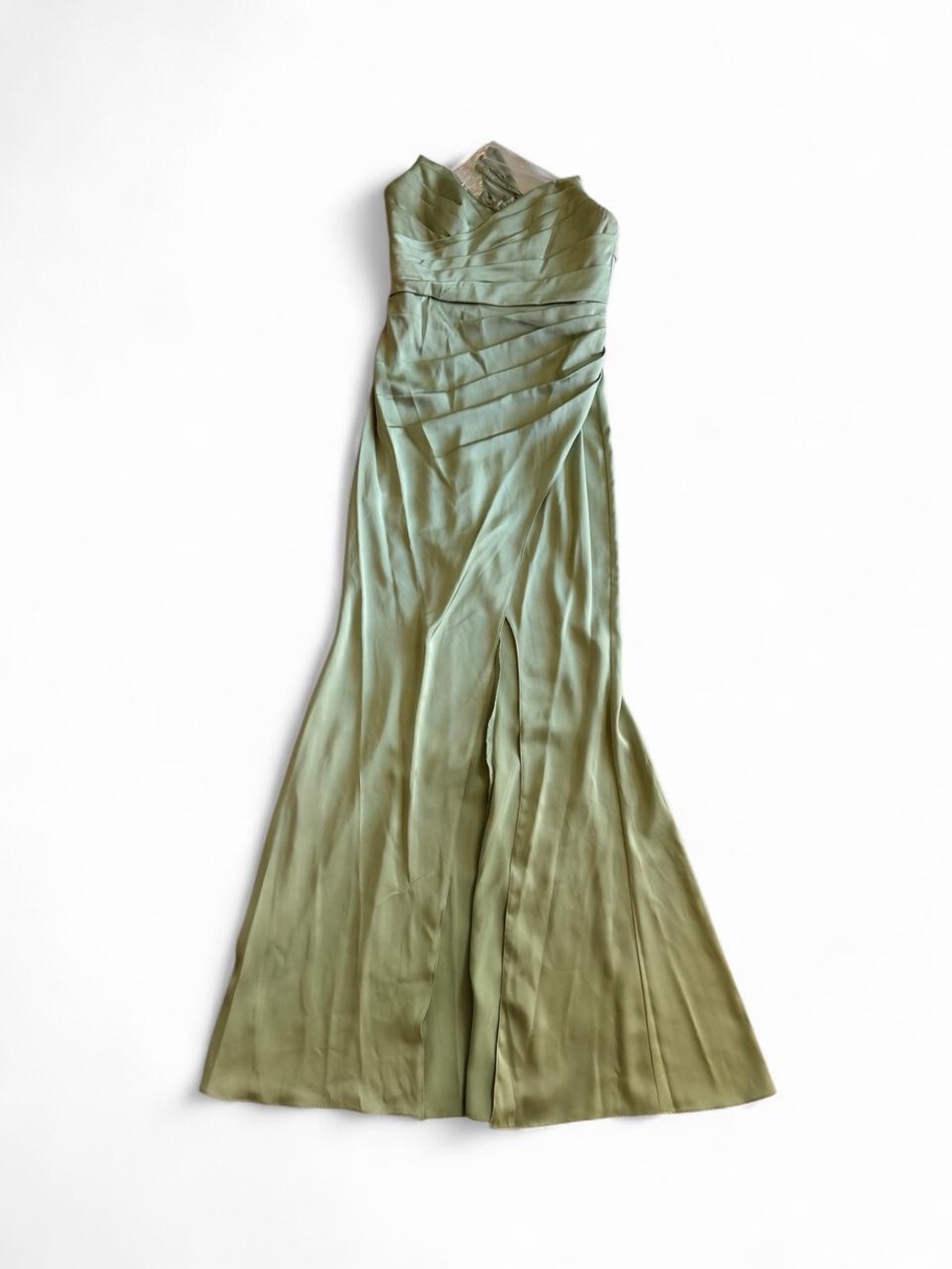 Azazie Sage Green Strapless Ruched Slit Dress A2
